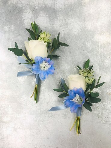 Spray rose with light blue delph boutonnieres